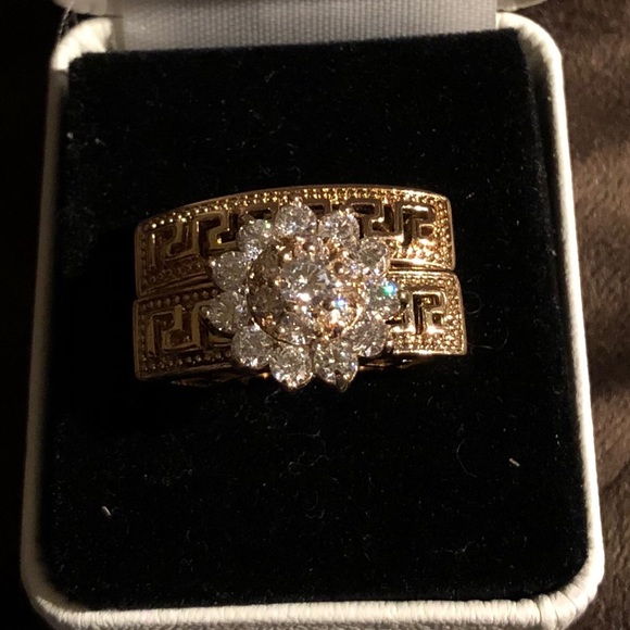 Huge Greek Key CZ Wedding Ring Set Rose Gold -OMG - Picture 3 of 7